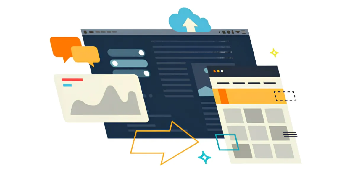 Flat illustration of browser and dashboard windows with sliders, a chart card, speech bubbles, and a cloud-upload icon, representing a decluttered, organized browsing setup