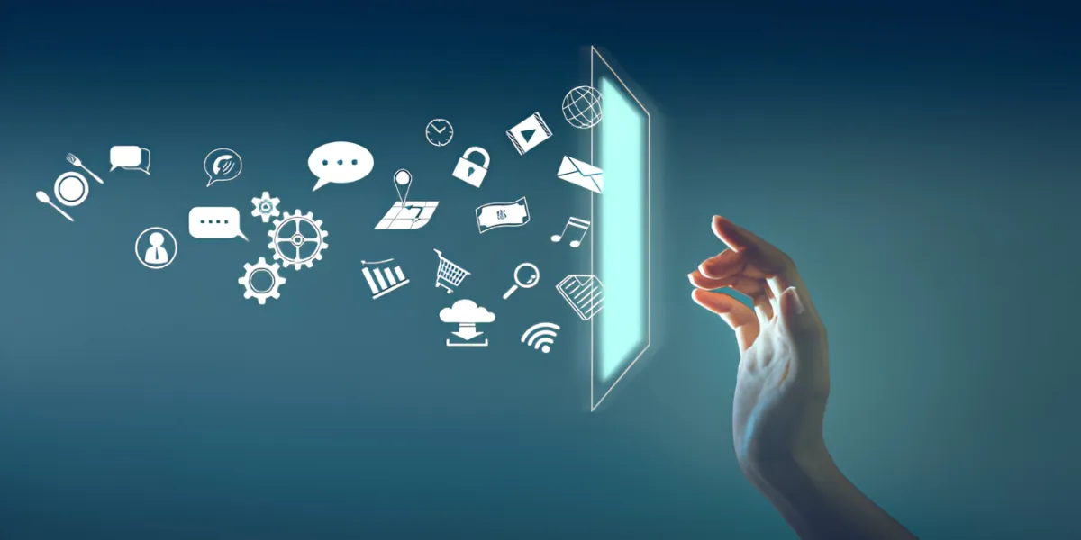 A hand reaching toward a glowing digital screen as app and browsing icons — messages, shopping, locks, notifications — stream out of it against a dark teal background